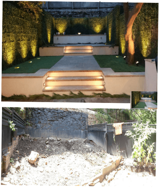 Backyard patio with illuminated steps and masonry