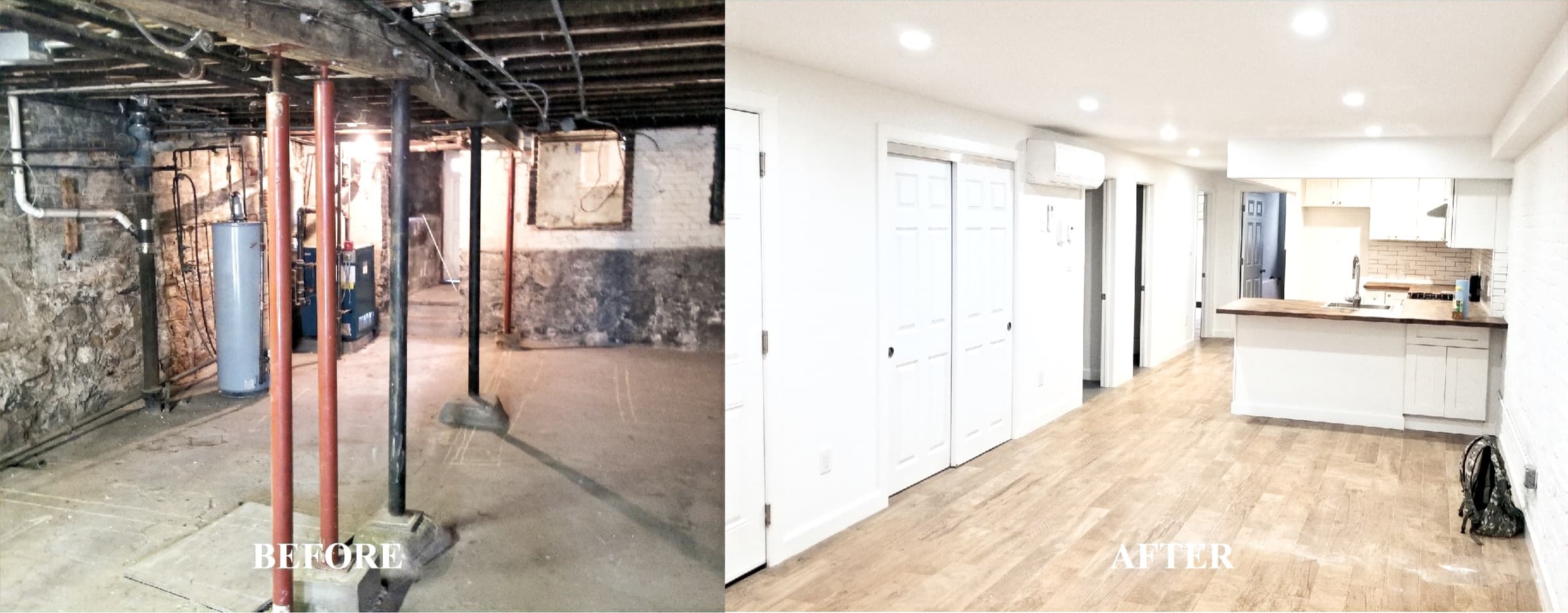 Before and after of a basement interior remodel — unfinished space finished into a livable suite
