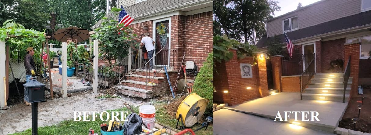 Before and after of outdoor masonry — rebuilt stone steps, brick wall, and integrated lighting